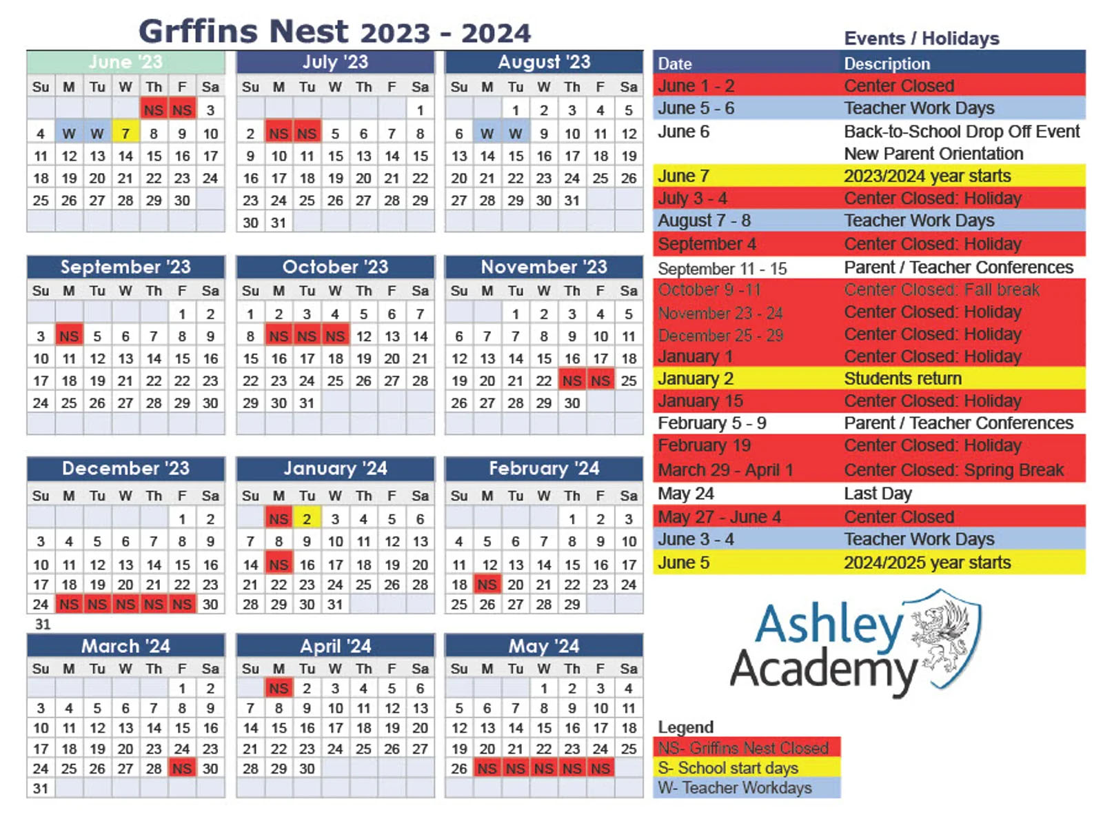 School Calendar Ashley Academy